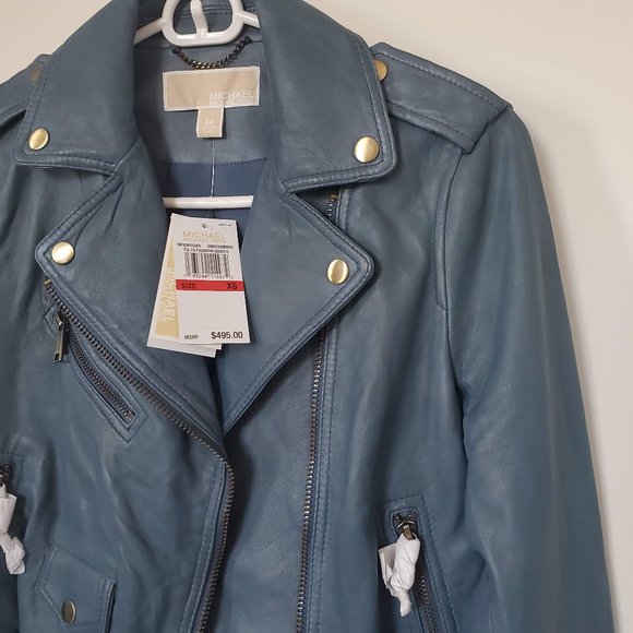 NEW Michael Kors Blue Lamb Motorcycle Jacket XS - Picture 4 of 11